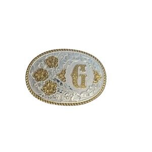 Crumrine Western Two Tone Belt Buckle Initial Letter G Vtg EUC floral Paisley